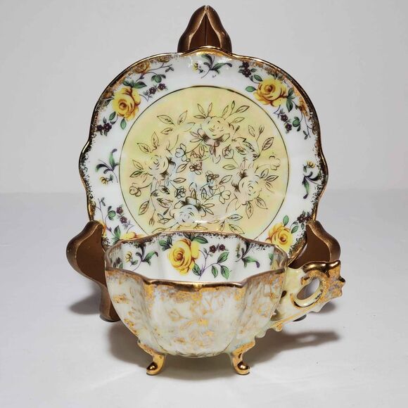 Napco Small Cup and Saucer Yellow Roses Hand Painted Opalescent Vintage - Picture 6 of 10